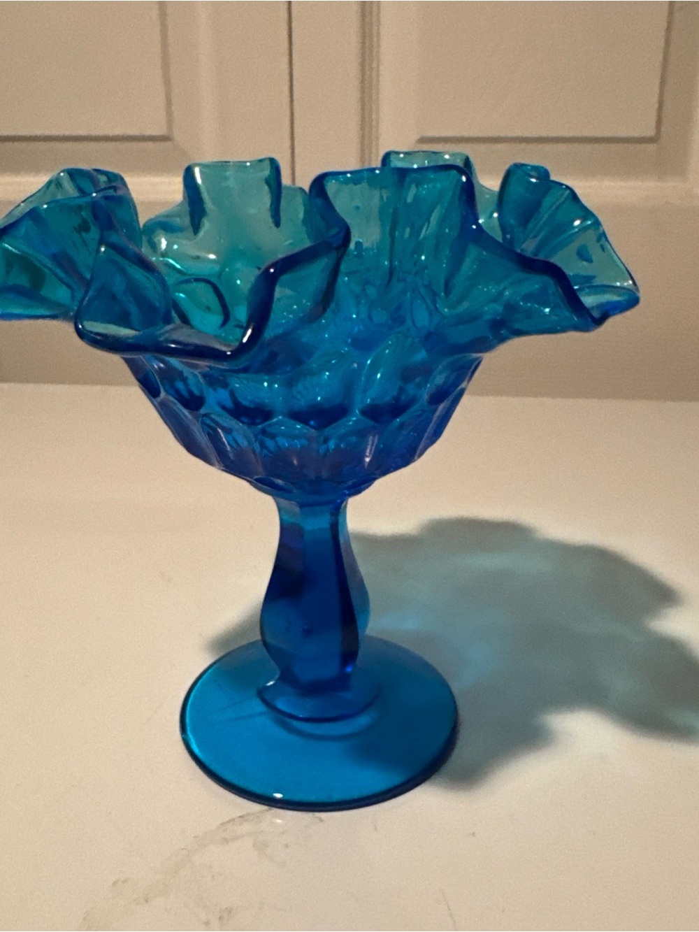 Vintage Fenton Colonial Blue Thumbprint Ruffled Rim Compote/Candy Dish 6"×6"